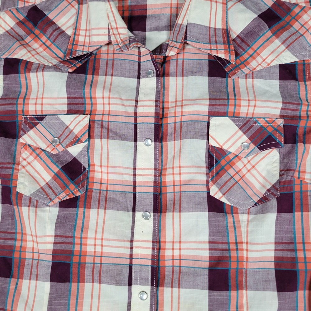 Wrangler Retro Mens XL Plaid Western Snap Shirt Purple Orange Cotton Blend - Picture 6 of 15